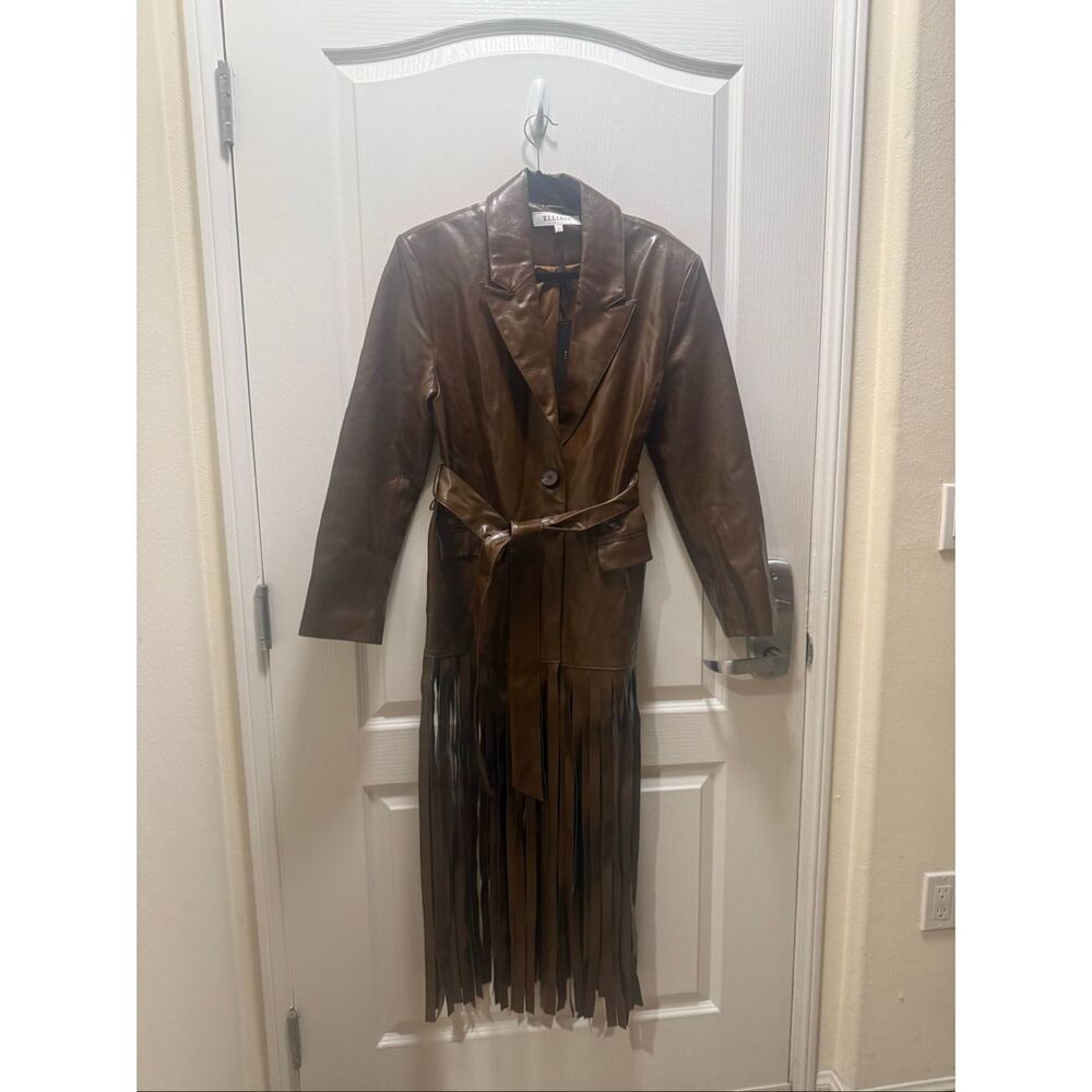 ELLIATT Vegan Leather Fringe Suit Set – Brown Blazer & Maxi Skirt size S NWT - Picture 9 of 11